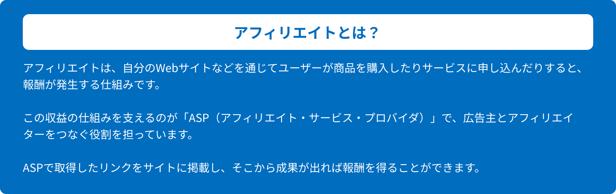 アフィリエイトとは?アフィリエイトは、自分のWebサイトなどを通じてユーザーが商品を購入したりサービスに申し込んだりすると、報酬が発生する仕組みです。この収益の仕組みを支えるのが「ASP(アフィリエイト・サービス・プロバイダ)」で、広告主とアフィリエイターをつなぐ役割を担っています。ASPで取得したリンクをサイトに掲載し、そこから成果が出れば報酬を得ることができます。
